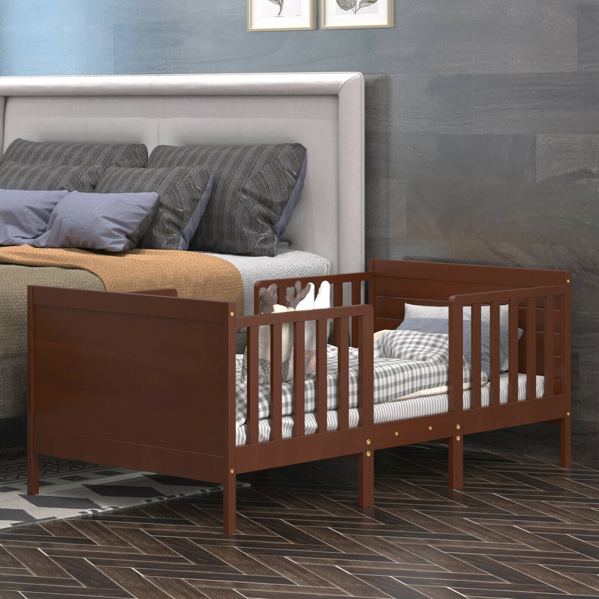 Alt View 3. Gymax - Gymax 2-in-1 Convertible Toddler Bed Wooden Kids Bedroom Furniture w/ Guardrails Brown - Brown.