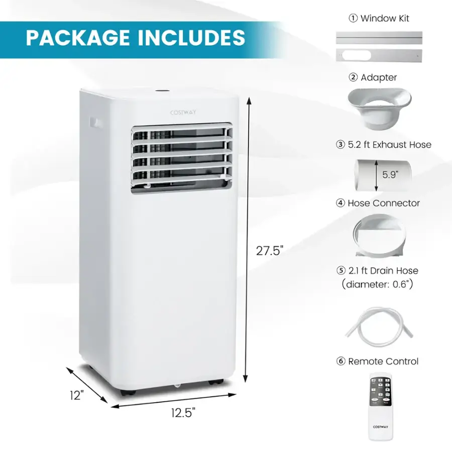 Package includes: 1 Window Kit, 2 Adapter, 3 5.2 ft Exhaust Hose, 5.9" Hose Connector, 27.5" Drain Hose (diameter: 0.6"), Remote Control, and 12" and 12.5" Tawtees.