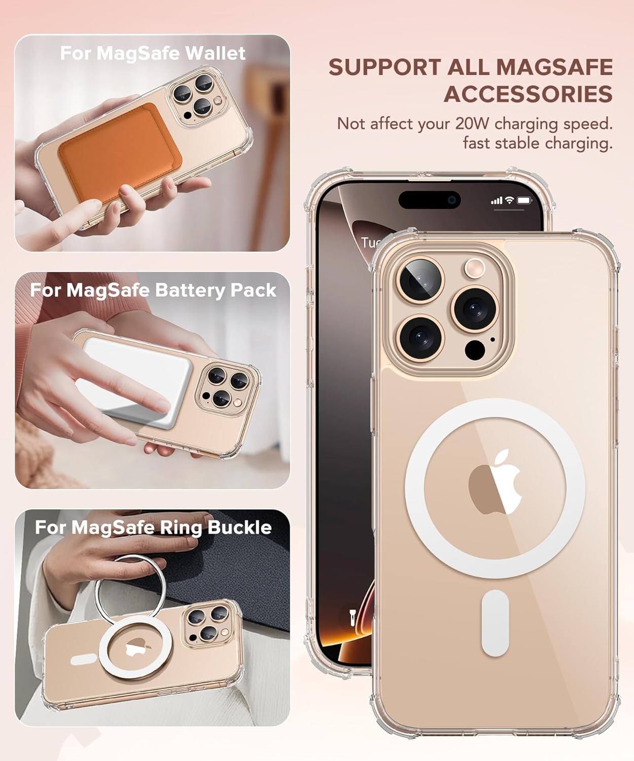 SUPPORT ALL MAGSAFE ACCESSORIES

For MagSafe Wallet
For MagSafe Battery Pack
For MagSafe Ring Buckle

Not affect your 20W charging speed. fast stable charging.