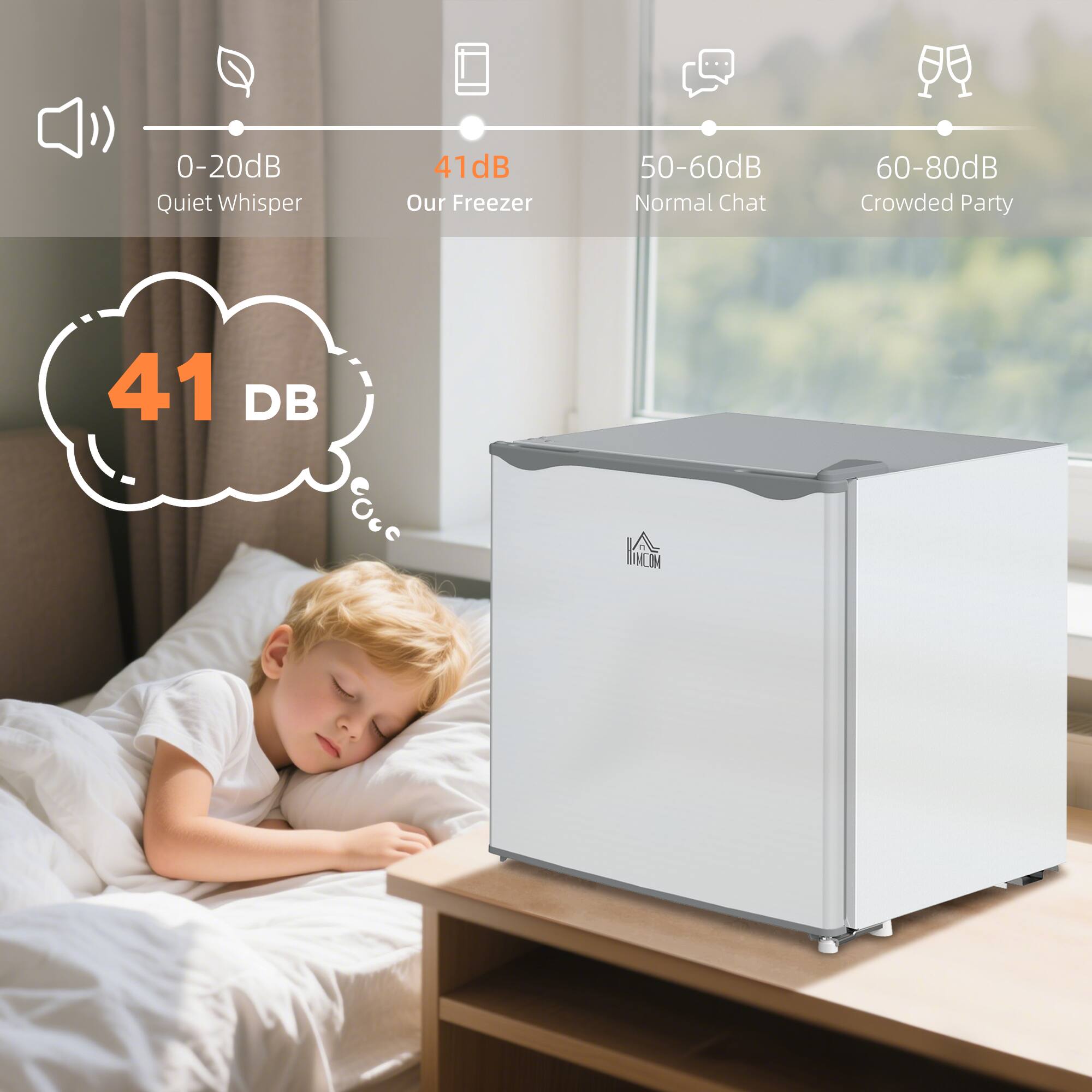 0-20dB Quiet Whisper  
41dB Our Freezer  
50-60dB Normal Chat  
60-80dB Crowded Party  

41 DB
