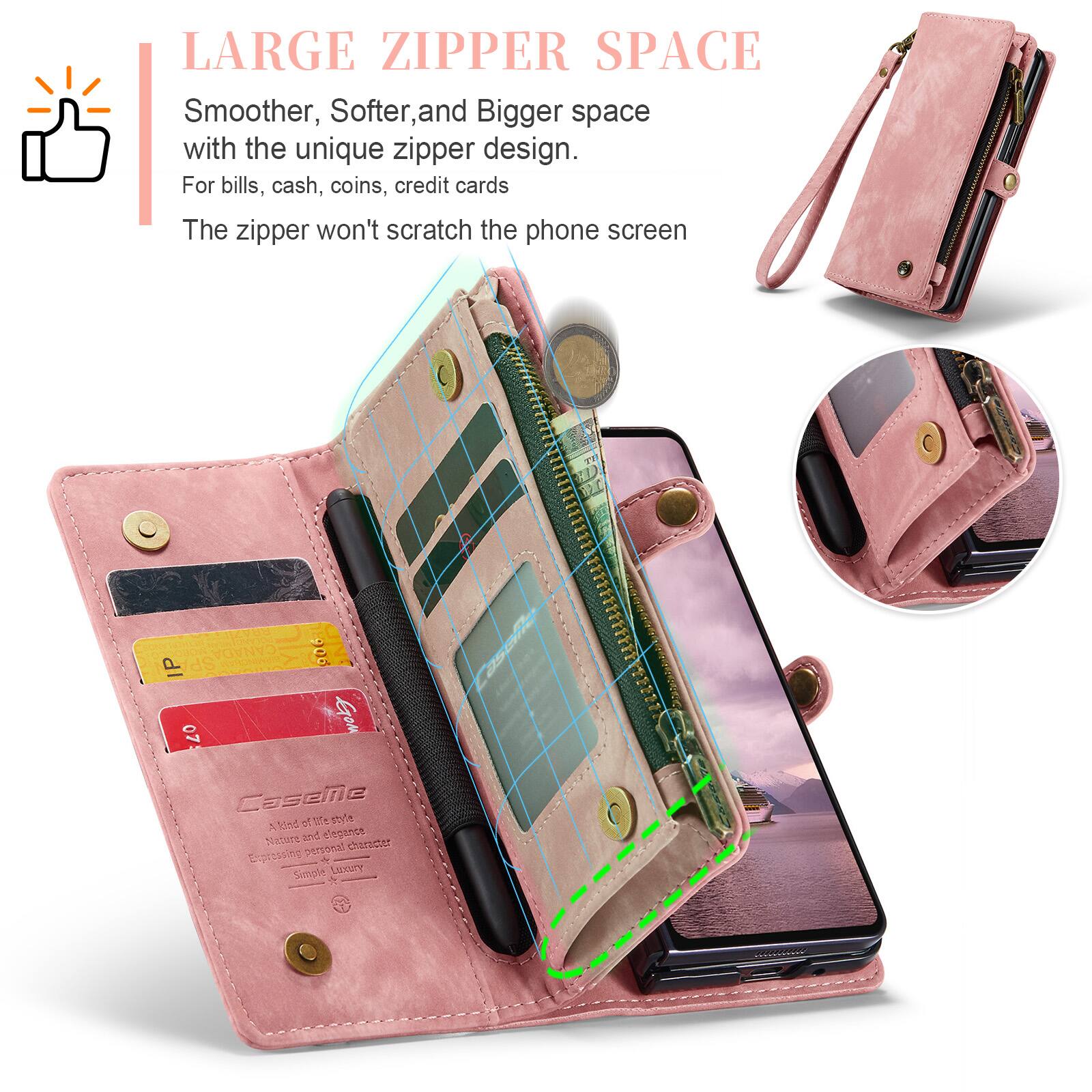 LARGE ZIPPER SPACE  
Smoother, Softer, and Bigger space with the unique zipper design.  
For bills, cash, coins, credit cards  
The zipper won't scratch the phone screen  

CANADA IP SP 07 206 Grom CoseNe A1ed 1 te ehfe 5 Bezre and elegance personal  
Expressing & Smvhe LIXOTY