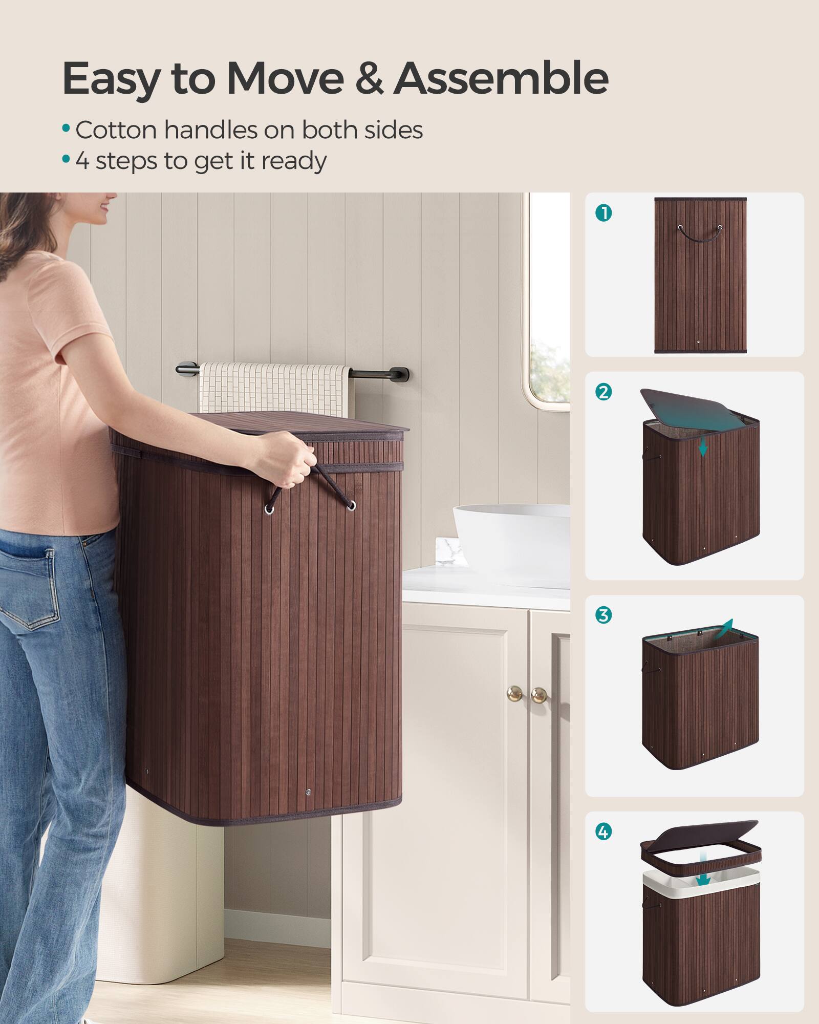 Easy to Move & Assemble

- Cotton handles on both sides
- 4 steps to get it ready

1. [Image of step 1]
2. [Image of step 2]
3. [Image of step 3]
4. [Image of step 4]