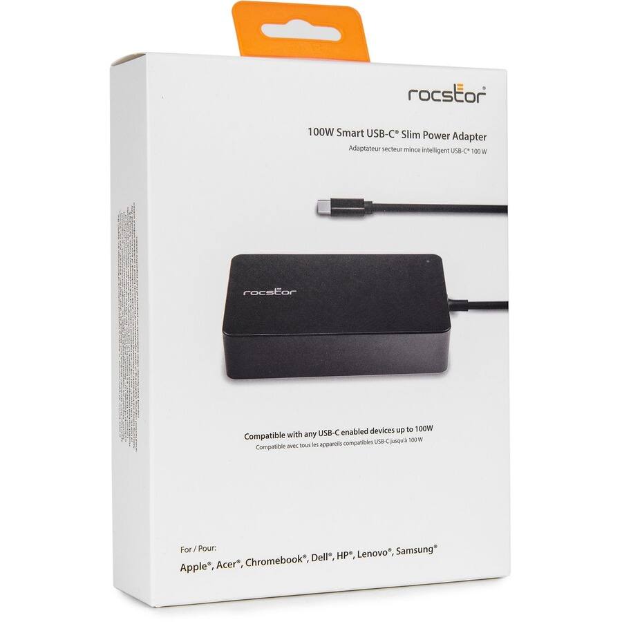 Rocstor 100W Smart USB-C Slim Power Adapter  
Adaptateur secteur mince intelligent USB-C 100W  

Compatible with any USB-C enabled devices up to 100W  
Compatible avec tous les appareils compatibles USB-C jusqu'à 100W  

For/Pour:  
Apple®, Acer®, Chromebook®, Dell®, HP®, Lenovo®, Samsung®