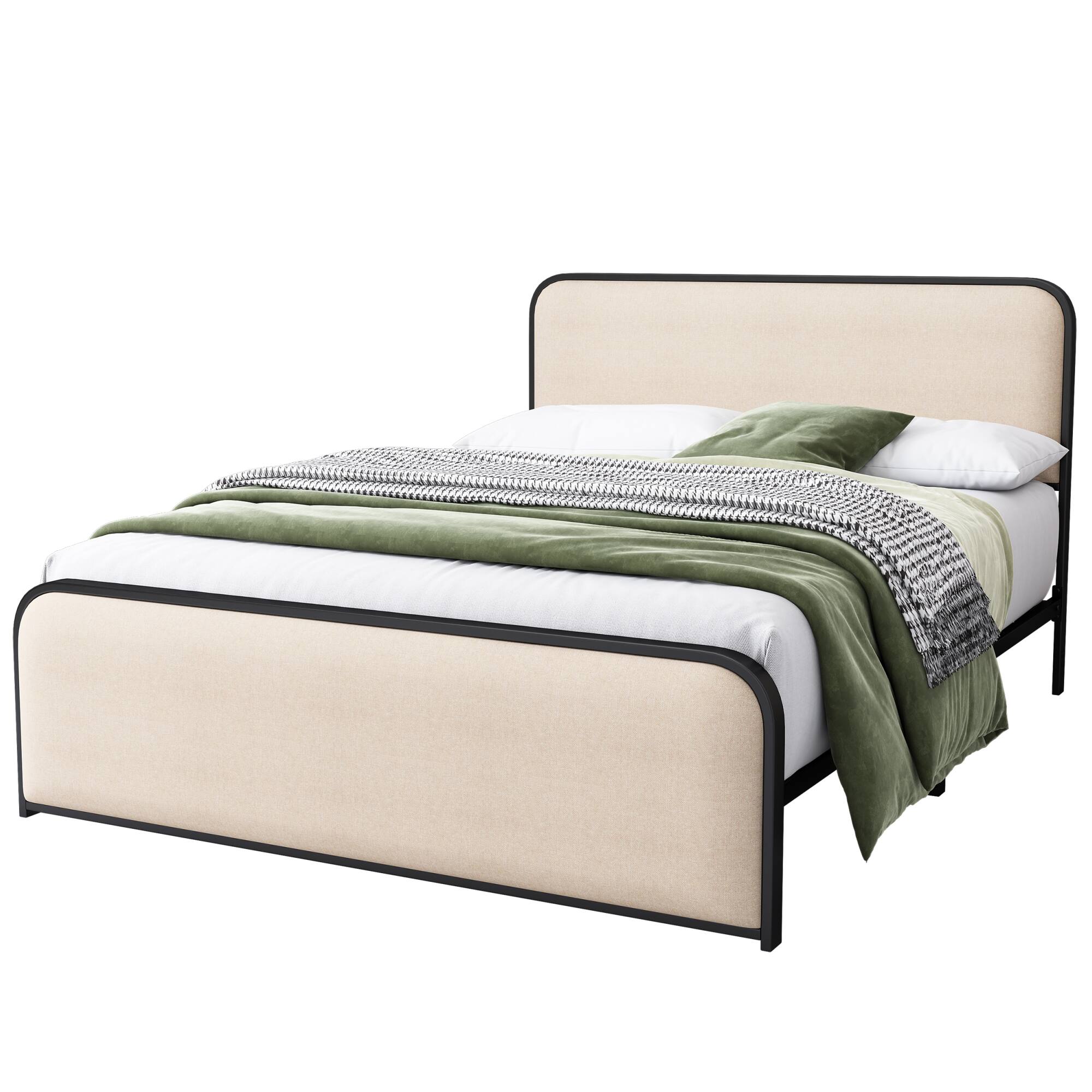 Alt View 8. GOODSILO - Modern Metal Bed Frame with Curved Upholstered Headboard and Footboard Featuring Under Bed Storage - Beige.