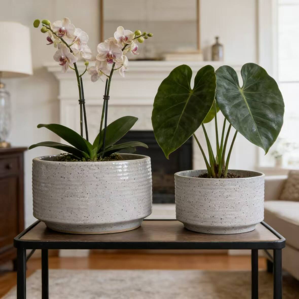 Angle. Loheer - Loheer Handmade Ceramic Planters Set of 2, White Ridged Ceramic Planter Set, 11 in and 8 in Indoor Outdoor Shelf Pots.