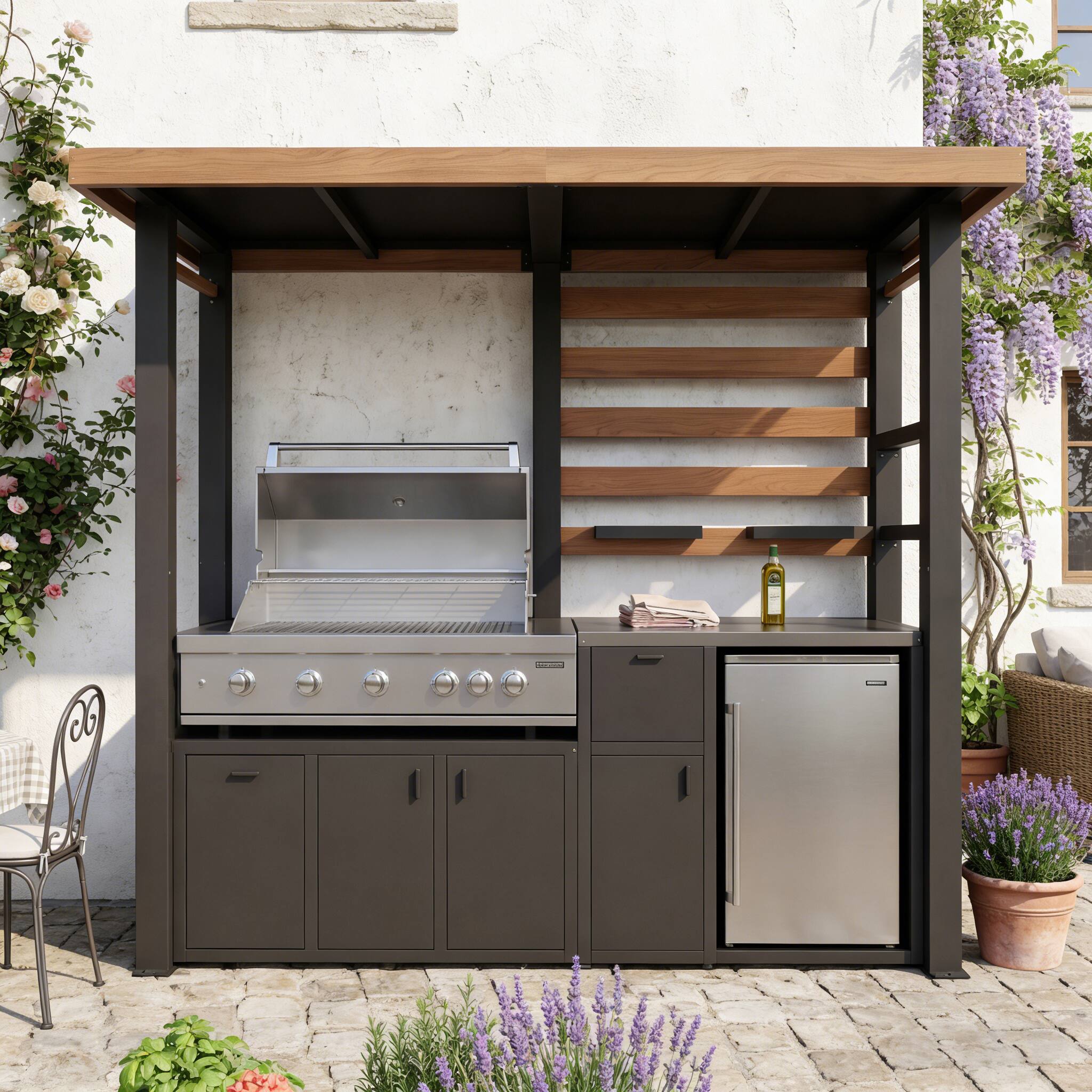 Angle. Famapy - Heavy Duty Galvanized Steel Outdoor Grill Gazebo with Storage – Weatherproof BBQ Pavilion for Backyard Cooking - Wooden & Black.