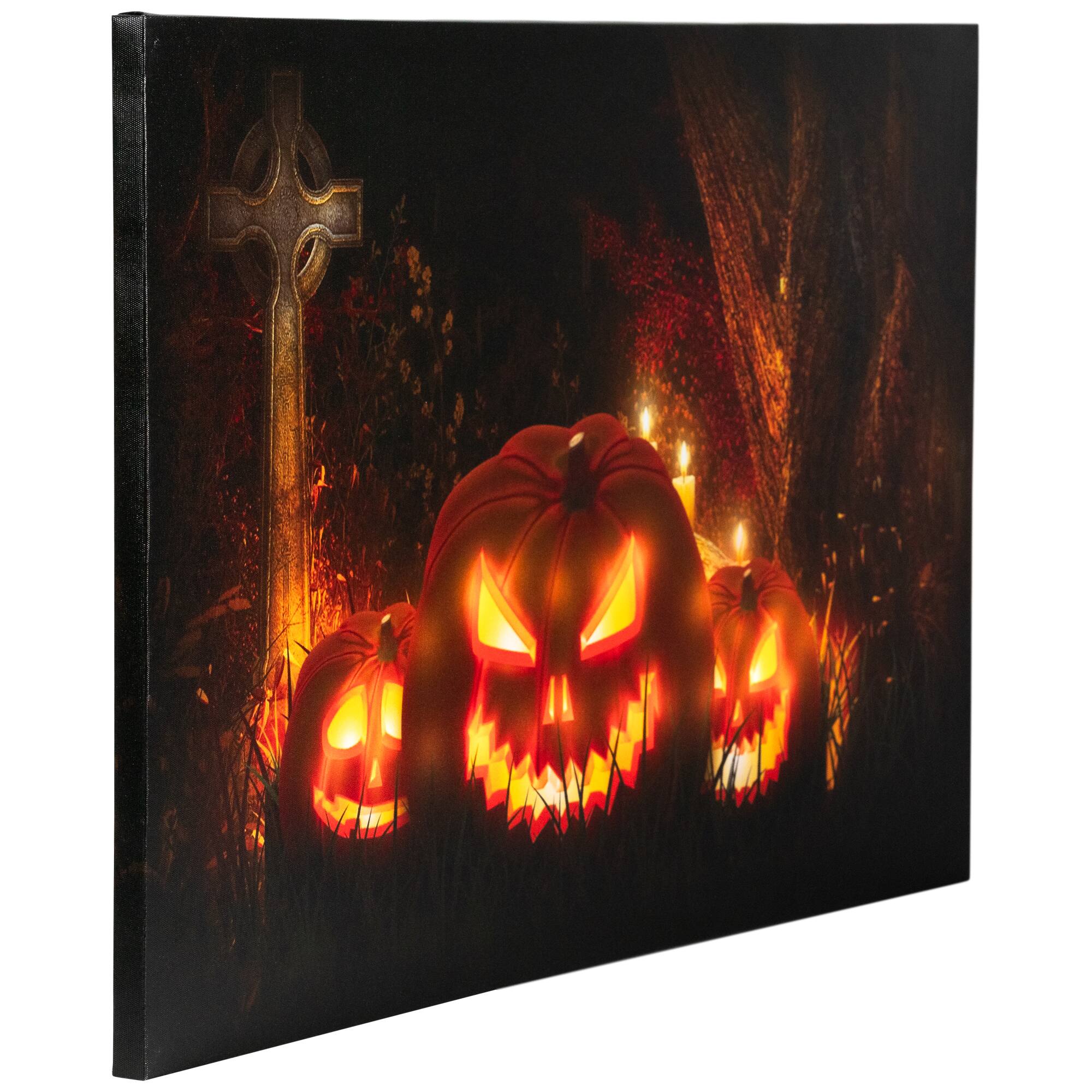 Alt View 2. Northlight - LED Lighted Jack-O-Lanterns in Cemetery Halloween Canvas Wall Art 23.5" x 15.5" - Black.