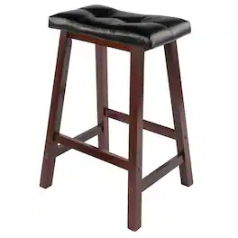 FurniFact - Black Faux Leather Saddle Seat Bar Stool, 24 Inch Counter Height Kitchen Stool - Walnut / Black