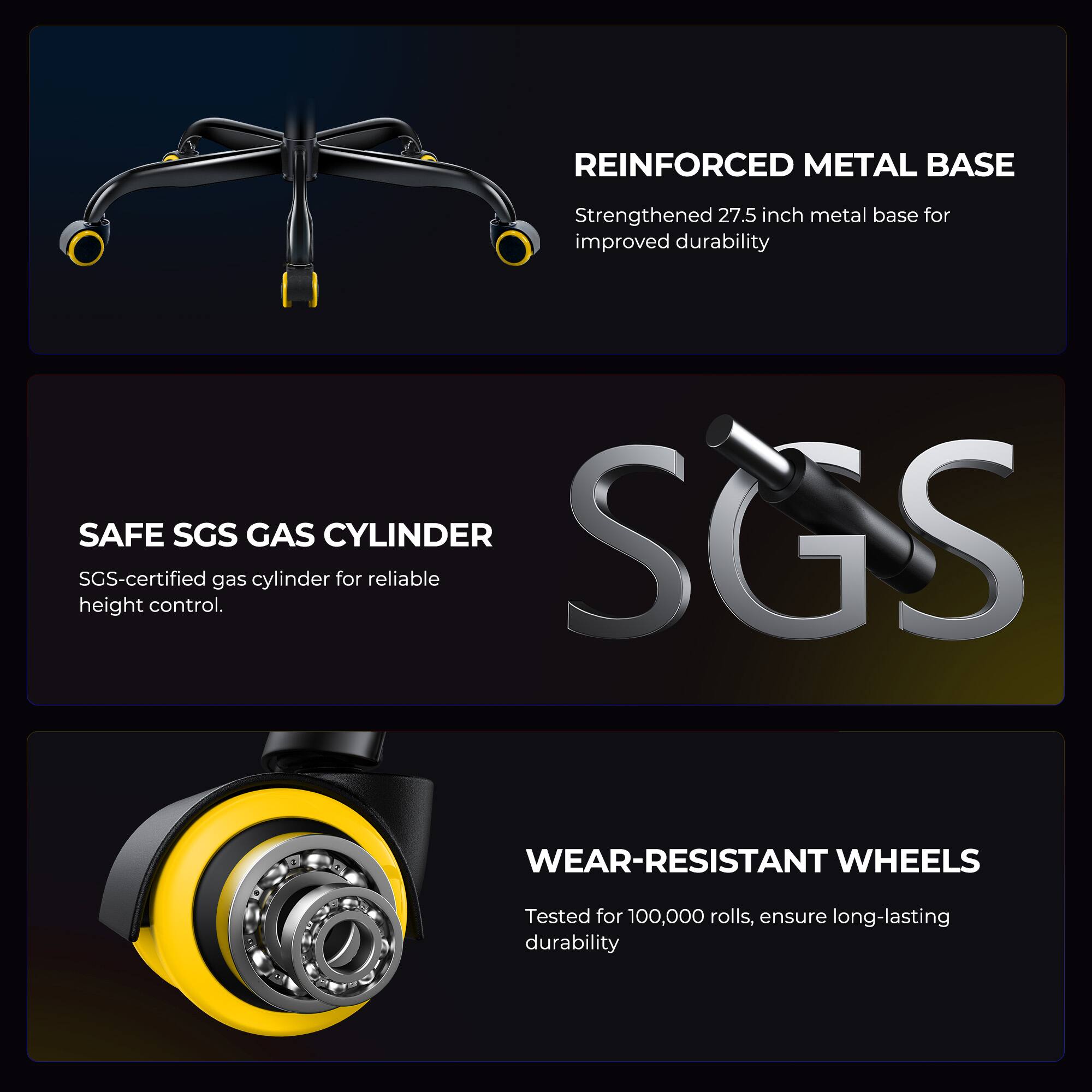 REINFORCED METAL BASE  
Strengthened 27.5 inch metal base for improved durability  

SAFE SGS GAS CYLINDER  
SGS-certified gas cylinder for reliable height control.  

WEAR-RESISTANT WHEELS  
Tested for 100,000 rolls, ensure long-lasting durability