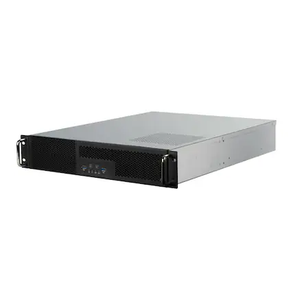 Front. SilverStone - RM23-502 2U dual 5.25" drive bay ATX rackmount industrial storage server chassis with USB 3.1 Gen1 interface.