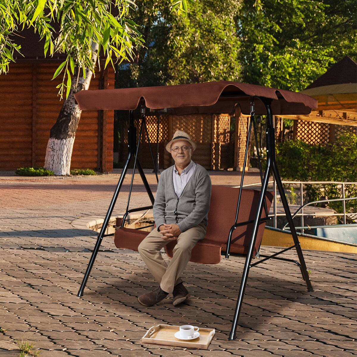 Alt View 4. Costway - Costway Loveseat Patio Canopy Swing Glider Hammock Cushioned Steel Frame Outdoor - Coffee.