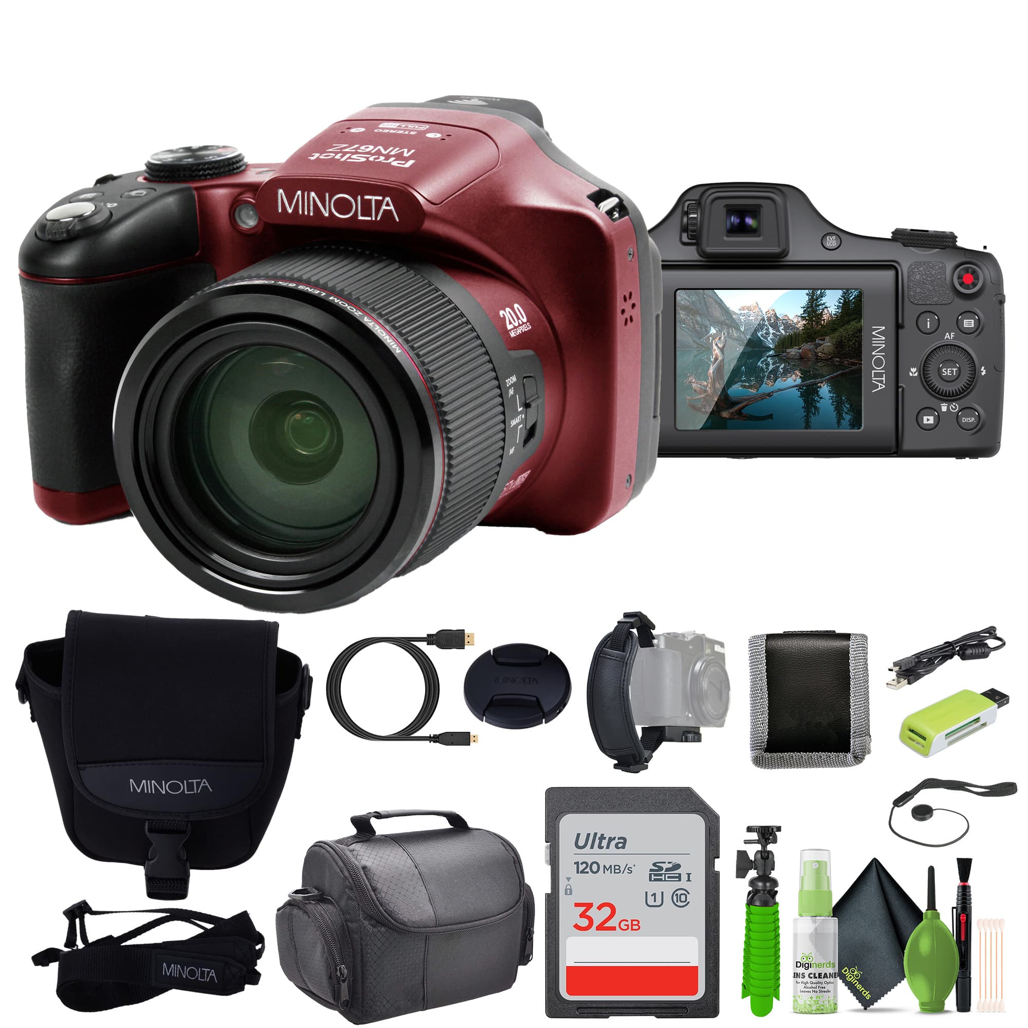 Minolta - Pro Shot 20 MP HD Digital Camera with 67x Zoom, 1080p HD Video Bundle - Red