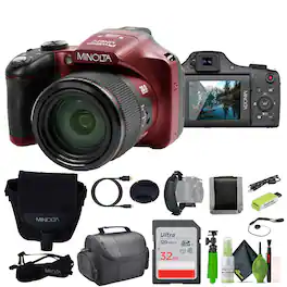 Minolta - Pro Shot 20 MP HD Digital Camera with 67x Zoom, 1080p HD Video Bundle - Red