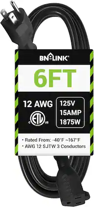 BN-LINK - 6 ft Outdoor Extension Cord, 12/3 SJTW Heavy Duty, 3-Prong Plug, Weather Resistant, 15A 1875W, ETL Listed - Black