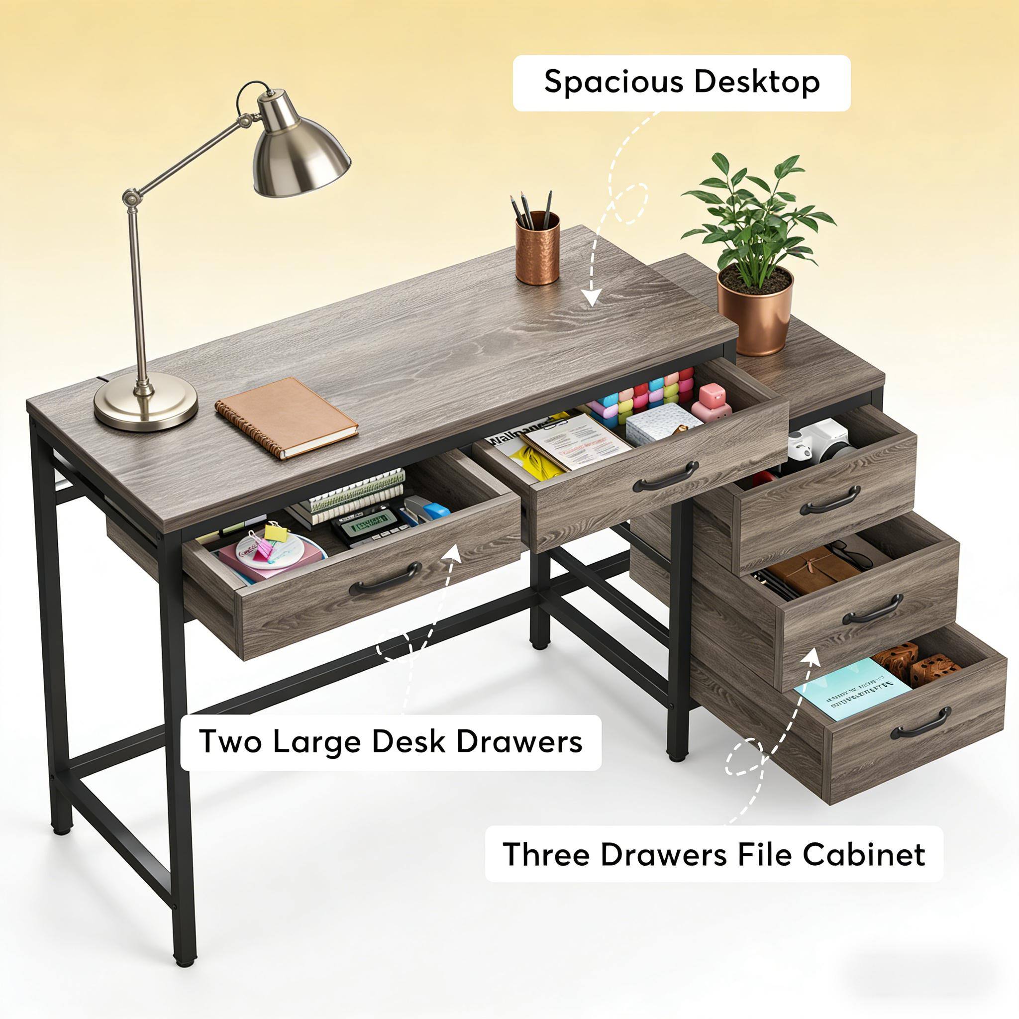 Spacious Desktop  
Two Large Desk Drawers  
Three Drawers File Cabinet