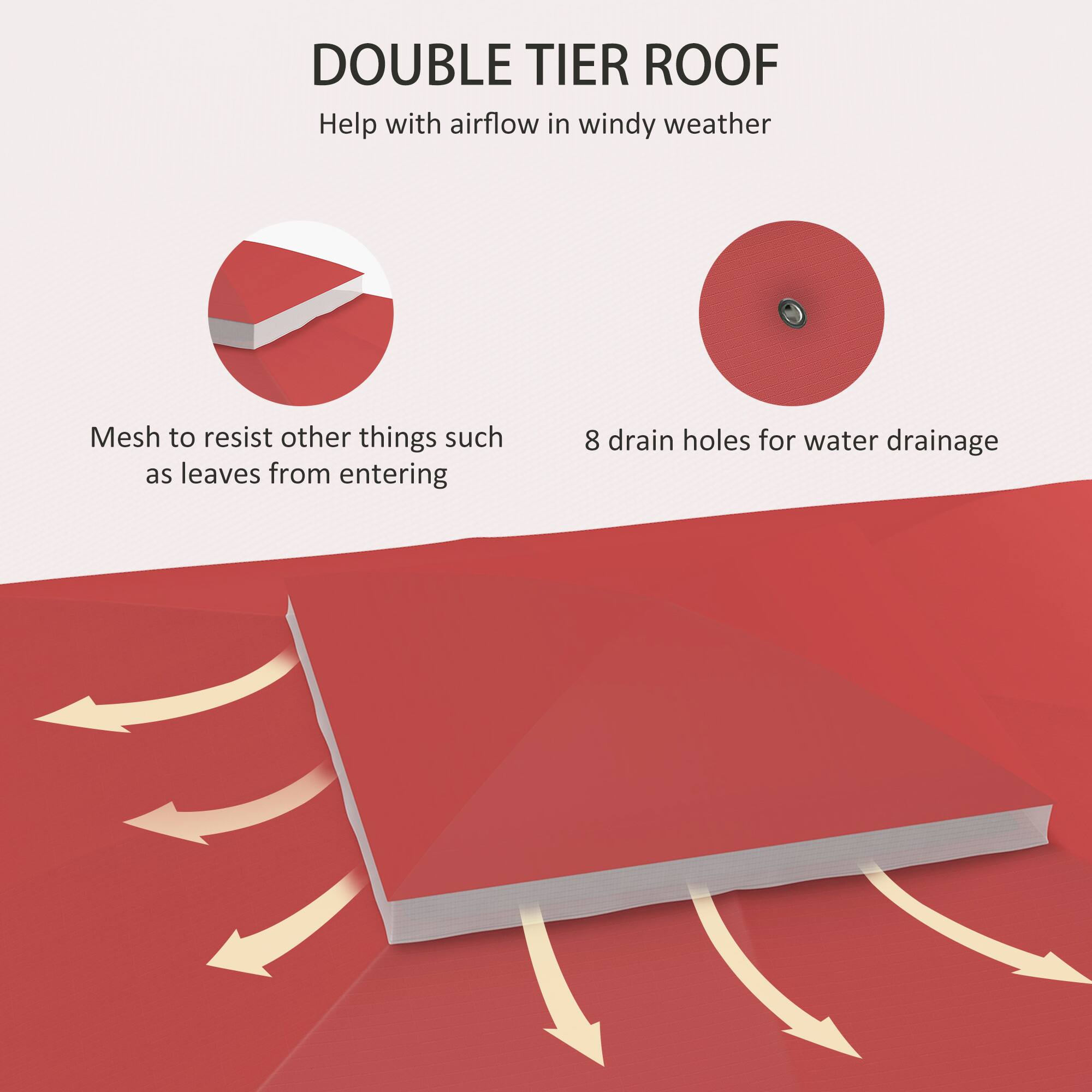 DOUBLE TIER ROOF  
Help with airflow in windy weather  

Mesh to resist other things such as leaves from entering  

8 drain holes for water drainage