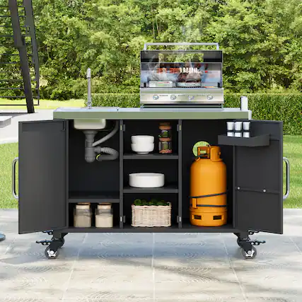 Front. PexFix - 55.5" Outdoor Kitchen Island with 304 Sink & Stainless Top, Metal Grill Cart with Storage, Wheels for Pizza Prep & BBQ - Black.