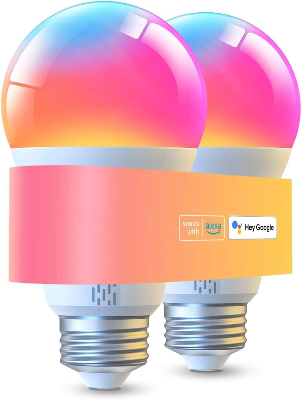 GlowWise - 2-Pack Smart Color Changing Bulbs, 1000LM, RGBWW, Wi-Fi & Bluetooth, Works with Alexa/Google, Dimmable, 75W Eqv A19 - ‎Multicolor