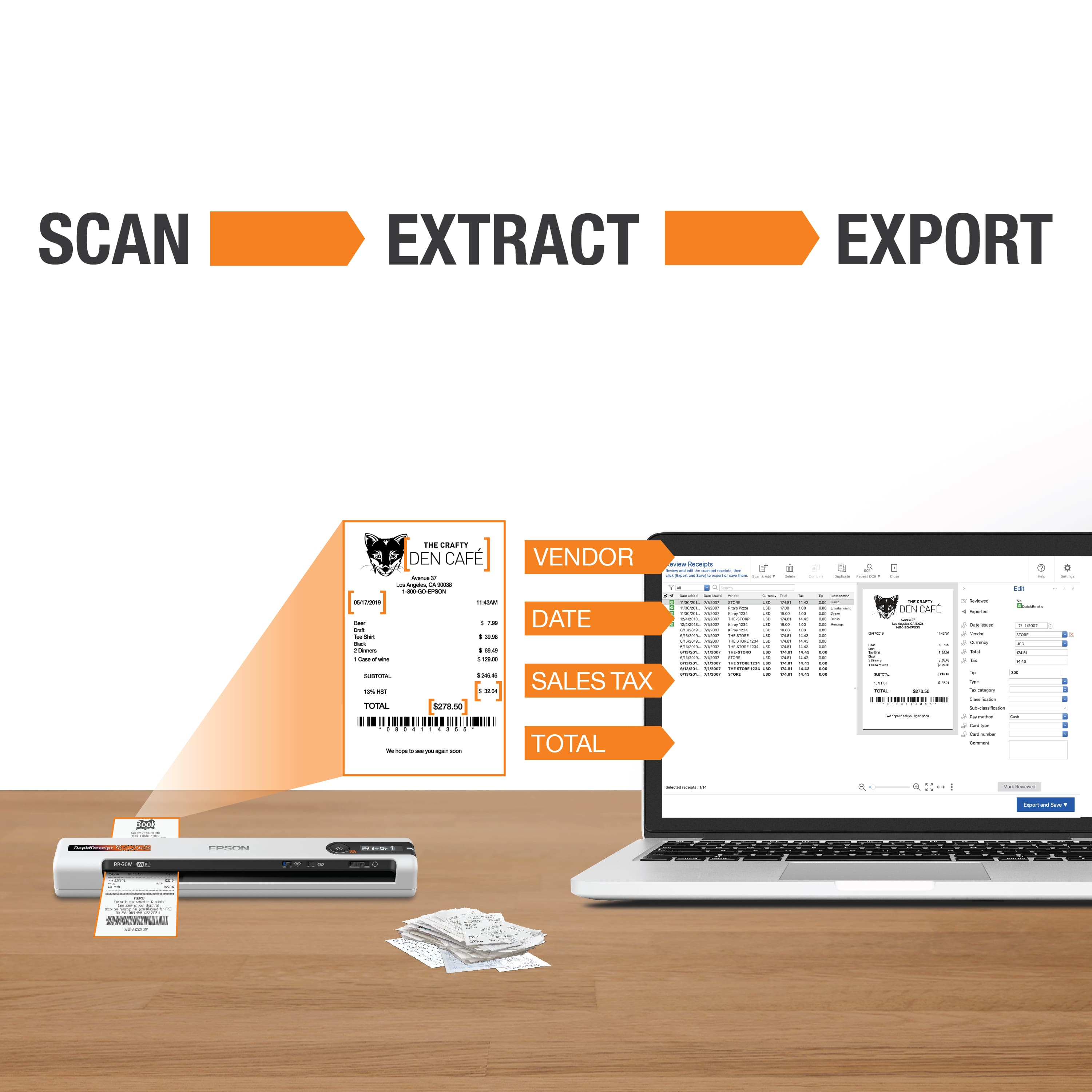 SCAN EXTRACT EXPORT - CRAFT DEN CAFE VENDOR - Scene 1 - Scene 2 - Scene 3 - Date - Sales Tax - Total - Total.