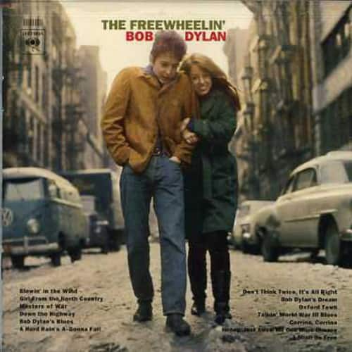 Sure, here is the corrected and grouped text from the image:

---

**THE FREEWHEELIN' BOB DYLAN**

- Blowin' in the Wind
- Girl from the North Country
- Masters of War
- Down the Highway
- Bob Dylan's Blues
- A Hard Rain's a-Gonna Fall
- Don't Think Twice, It's All Right
- Bob Dylan's Dream
- Talkin' World War III Blues
- Corrina, Corrina

---