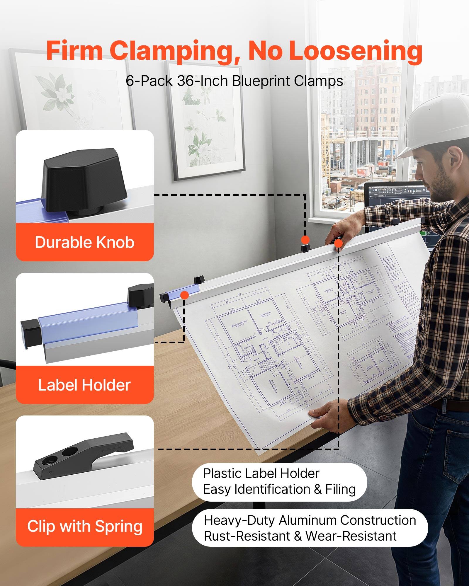 Firm Clamping, No Loosening  
6-Pack 36-Inch Blueprint Clamps  
Durable Knob  
Label Holder  
Clip with Spring  
Plastic Label Holder  
Easy Identification & Filing  
Heavy-Duty Aluminum Construction  
Rust-Resistant & Wear-Resistant
