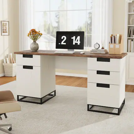 Front. Jojoka - 59" Farmhouse Executive Desk, Home Office Desk with File Drawer and Storage Cabinet - White and Brown.