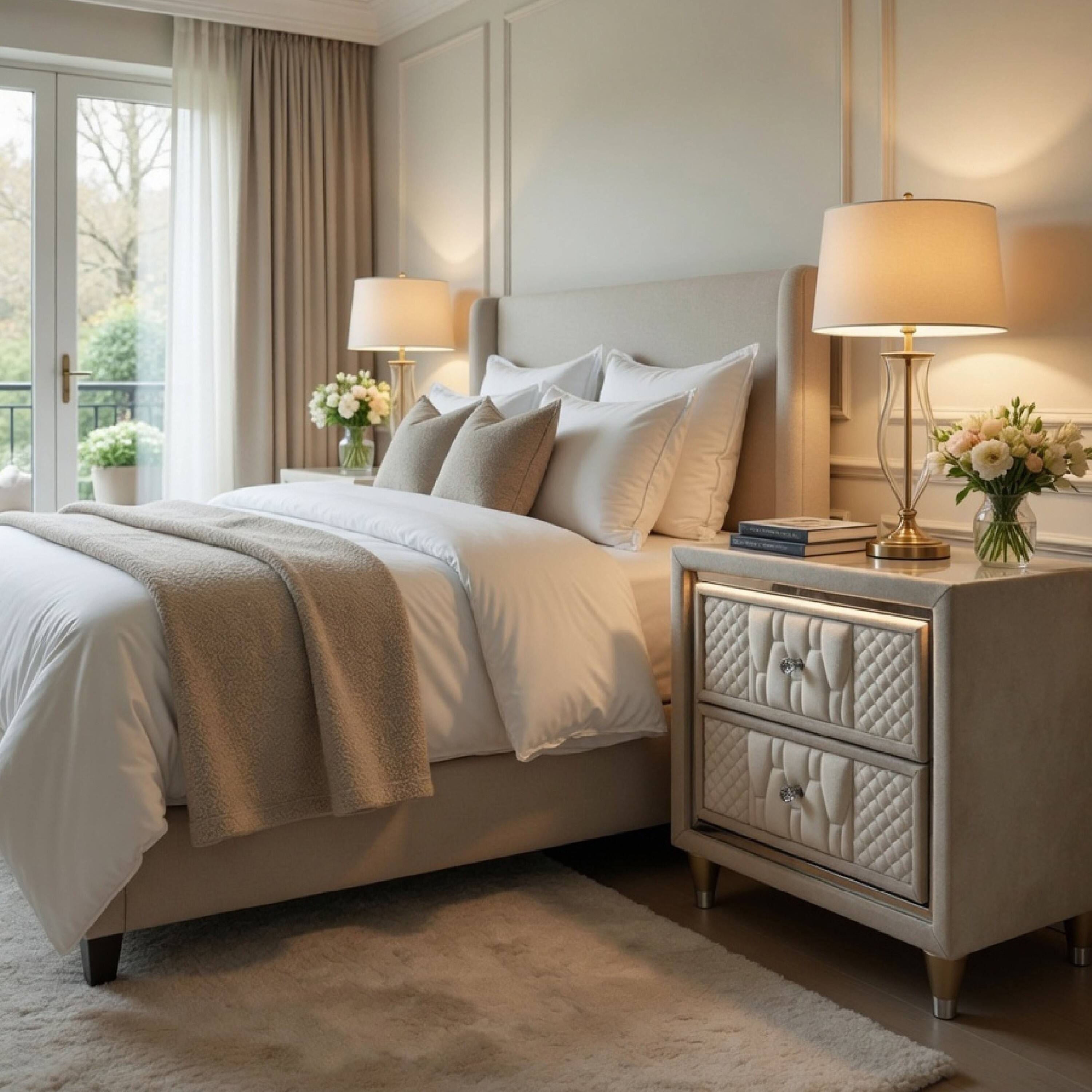 Alt View 8. Manhattan Lane - Maren Nightstand, 2 Drawers and USB Port, Ivory-Camel Velvet 28 Inch - Ivory.