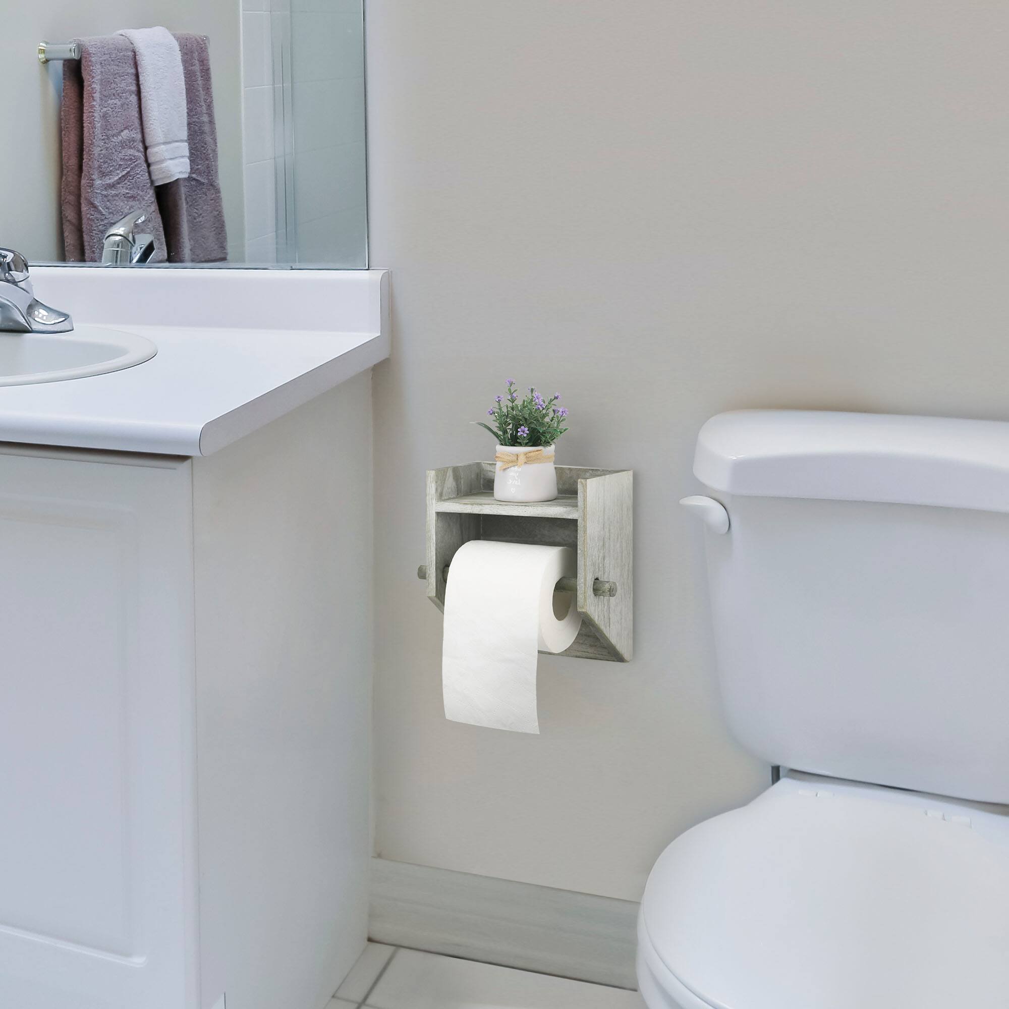 Back. Oumilen - Wall Mounted Toilet Paper Holder with Shelf – Olive Green Rustic Wood Tissue Dispenser.