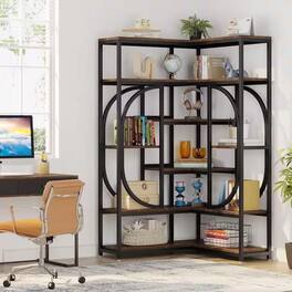 Hivvago - 67-inch Tall Modern Industrial Metal Wood Corner Bookcase - Brown, Black