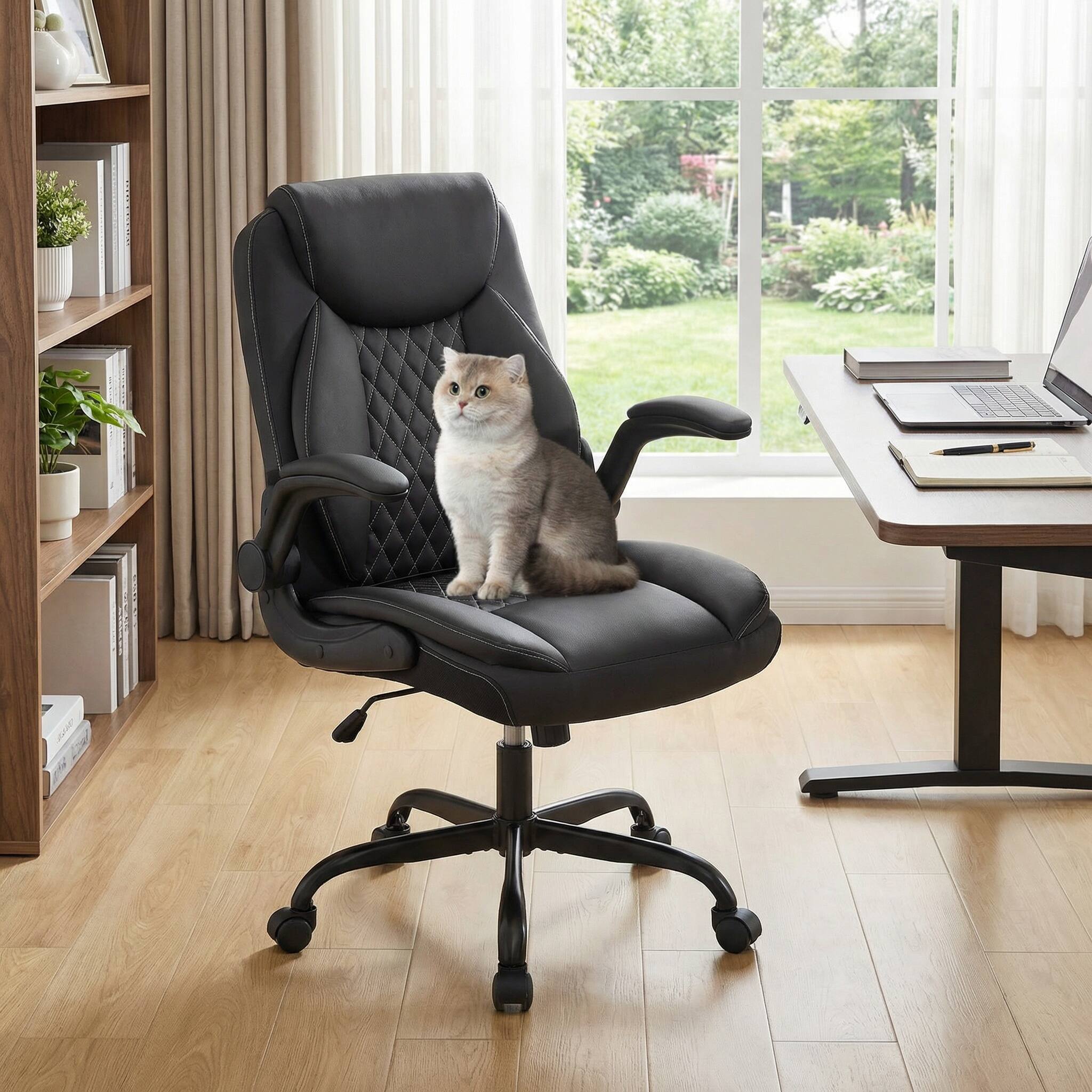 Alt View 4. Forest'nSky - Ergonomic Leather Executive Office Chair - Adjustable Swivel Desk Chair with Flip-Up Armrests & Wheels,Black - Black.