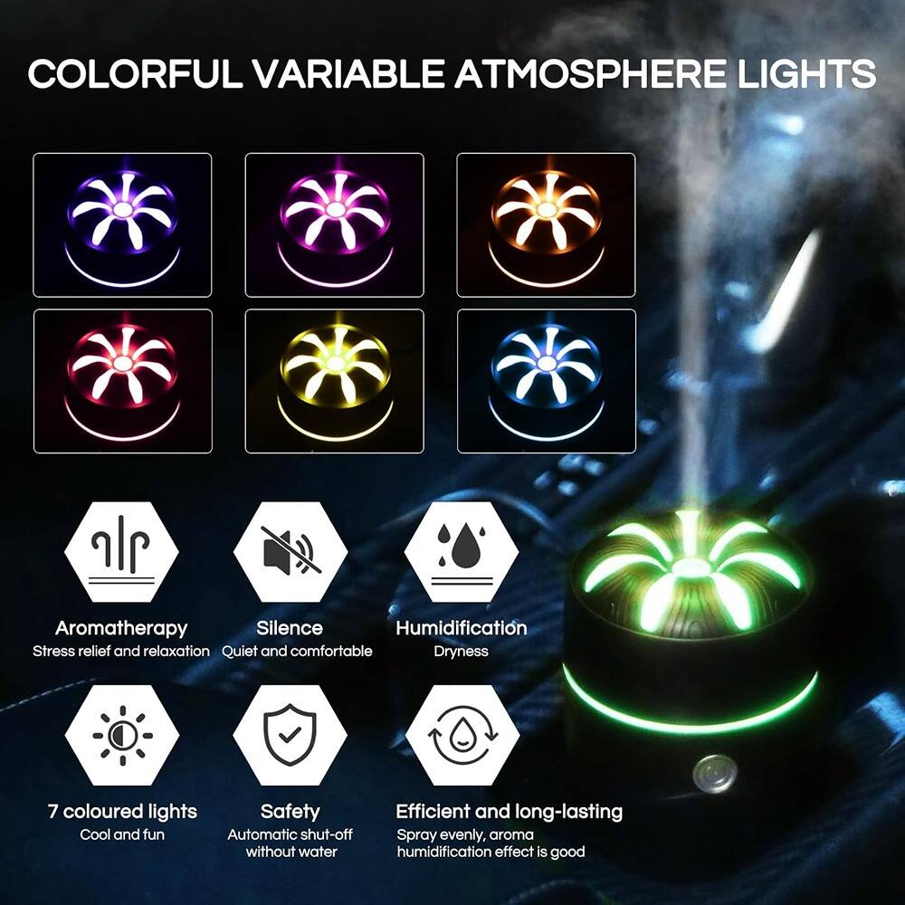 COLORFUL VARIABLE ATMOSPHERE LIGHTS

- Aromatherapy: Stress relief and relaxation
- Silence: Quiet and comfortable
- Humidification: Dryness
- 7 coloured lights: Cool and fun
- Safety: Automatic shut-off without water
- Efficient and long-lasting: Spray evenly, aroma without water humidification effect is good