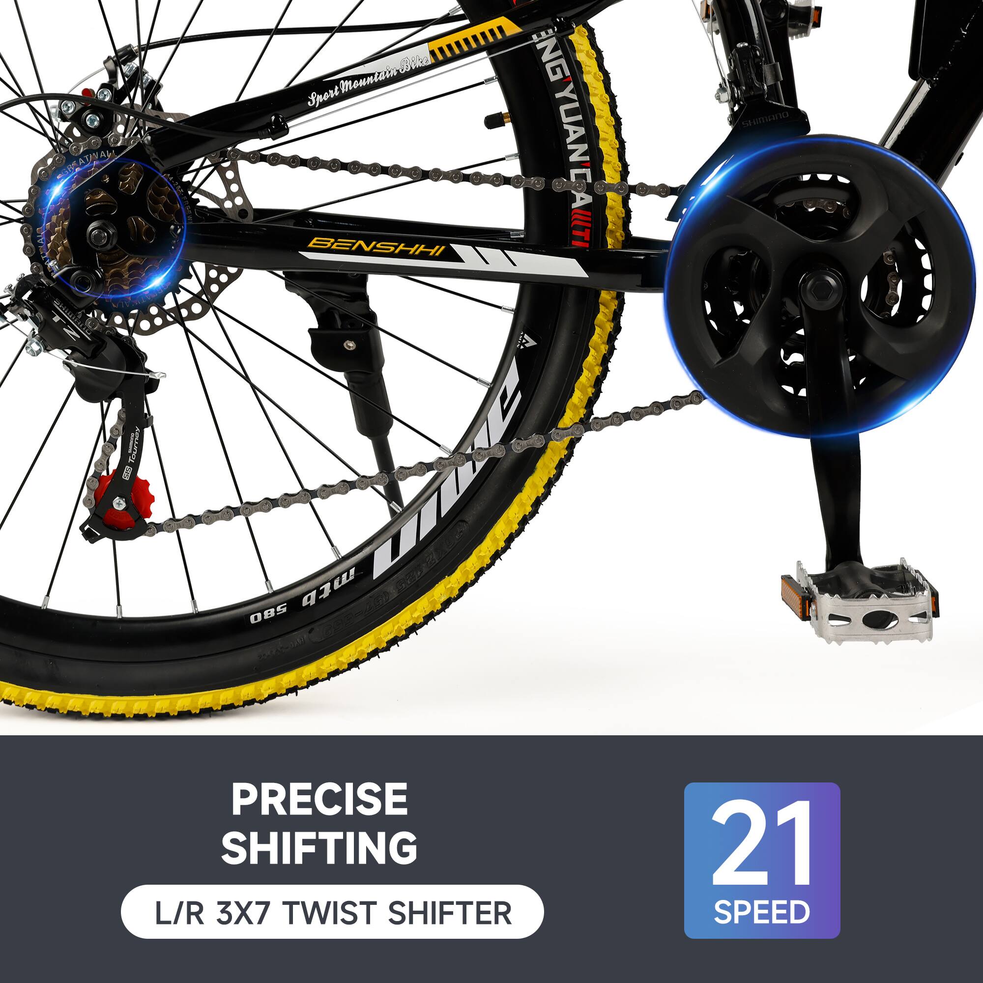 BENSHI  
Mountain Sport  
JINGYUANCAI  
PRECISE SHIFTING  
L/R 3X7 TWIST SHIFTER  
21 SPEED