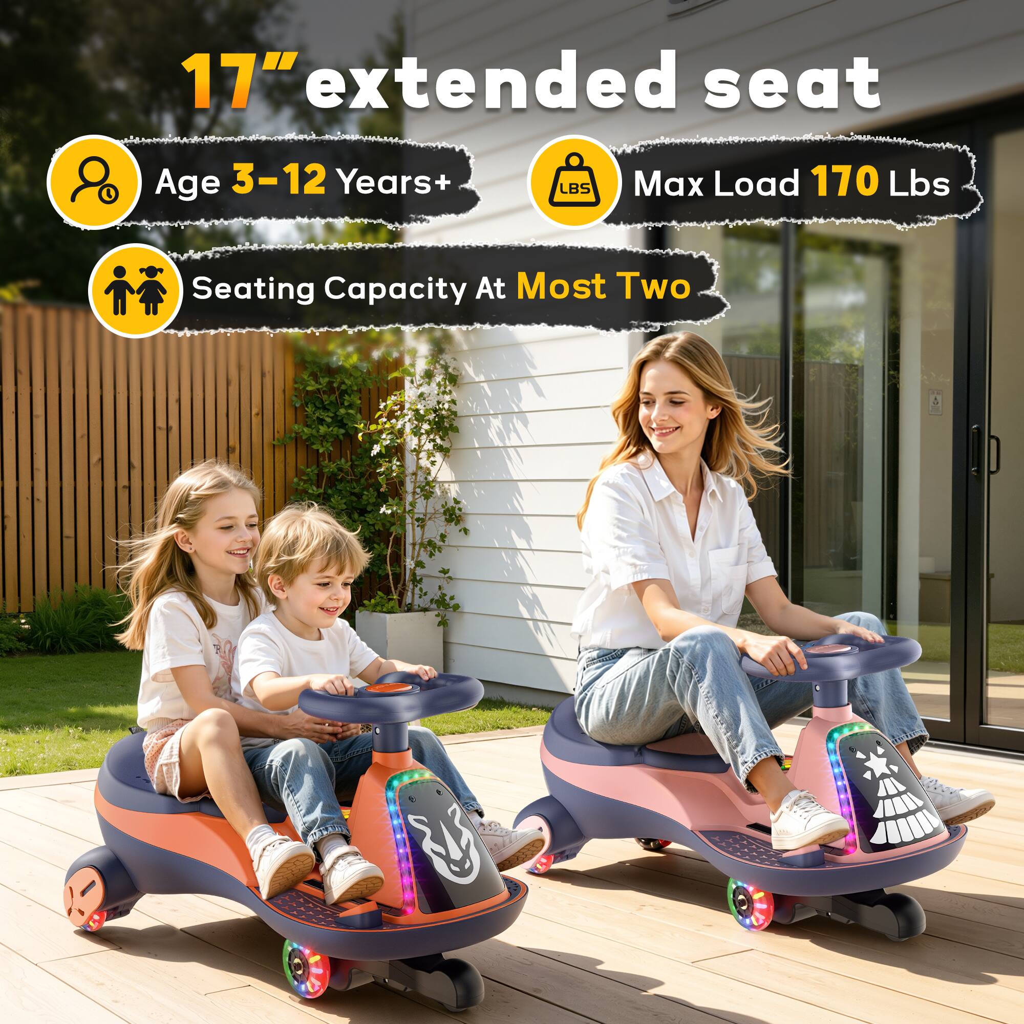 17" extended seat  
Age 3-12 Years+  
Max Load 170 Lbs  
Seating Capacity At Most Two