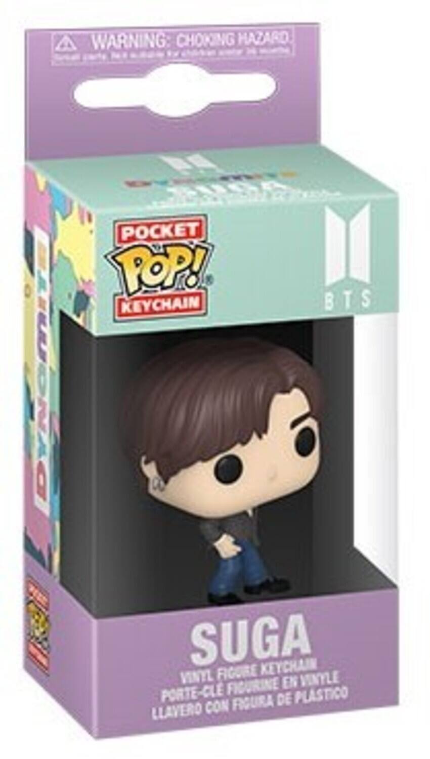 WARNING: CHOKING HAZARD, POCKET POP! KEYCHAIN, BTS, SUGA, KEYCHAIN VINYL FIGURE, VINYLE FIGURINE, EN PORTE-CLE FIGURA DE PLASTICO, LLAVERO CON