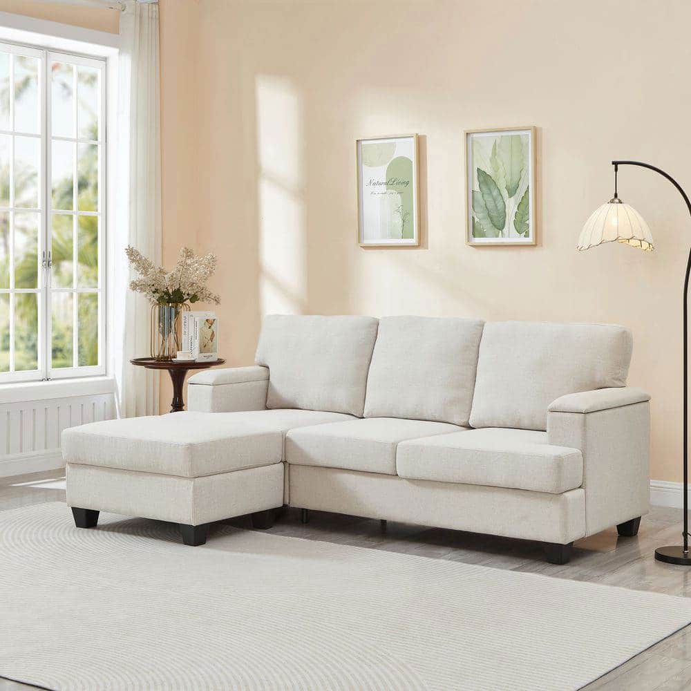Resenkos - 86" L-Shaped Sectional with Ottoman, 3-Seater Linen Sofa with Armrest Organizer, Beige - Beige