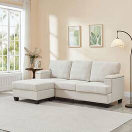 Resenkos - 86" L-Shaped Sectional with Ottoman, 3-Seater Linen Sofa with Armrest Organizer, Beige - Beige