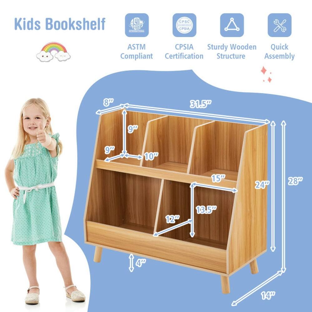 Kids Bookshelf  
- ASTM Compliant  
- CPSIA Certification  
- Sturdy Wooden Structure  
- Quick Assembly  

Dimensions:  
- Height: 31.5"  
- Width: 28"  
- Depth: 14"  
- Shelf 1: 12" x 13.5"  
- Shelf 2: 10" x 15"  
- Shelf 3: 9" x 24"  
- Shelf 4: 8" x 28"