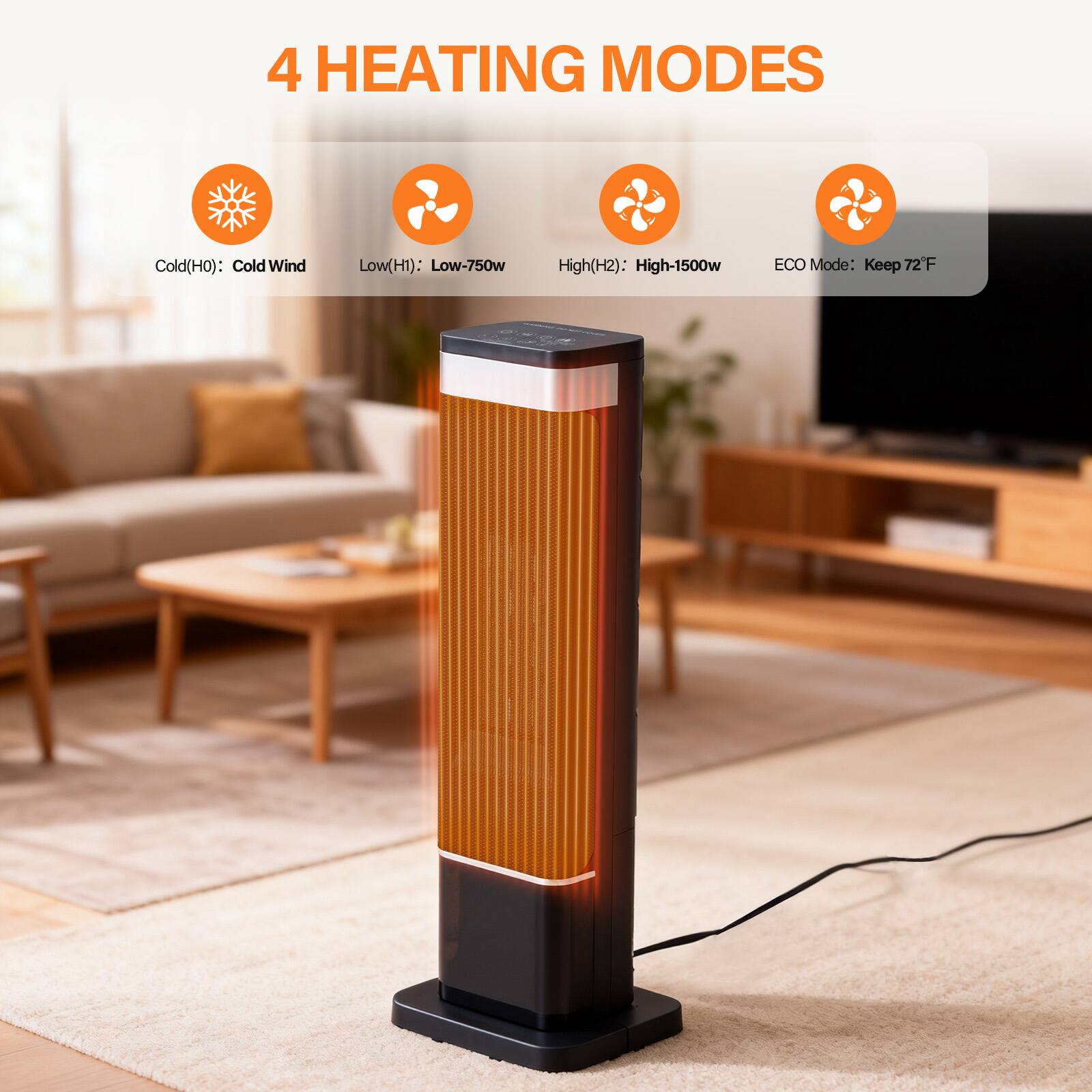 4 HEATING MODES

- Cold(H0): Cold Wind
- Low(H1): Low-750w
- High(H2): High-1500w
- ECO Mode: Keep 72°F