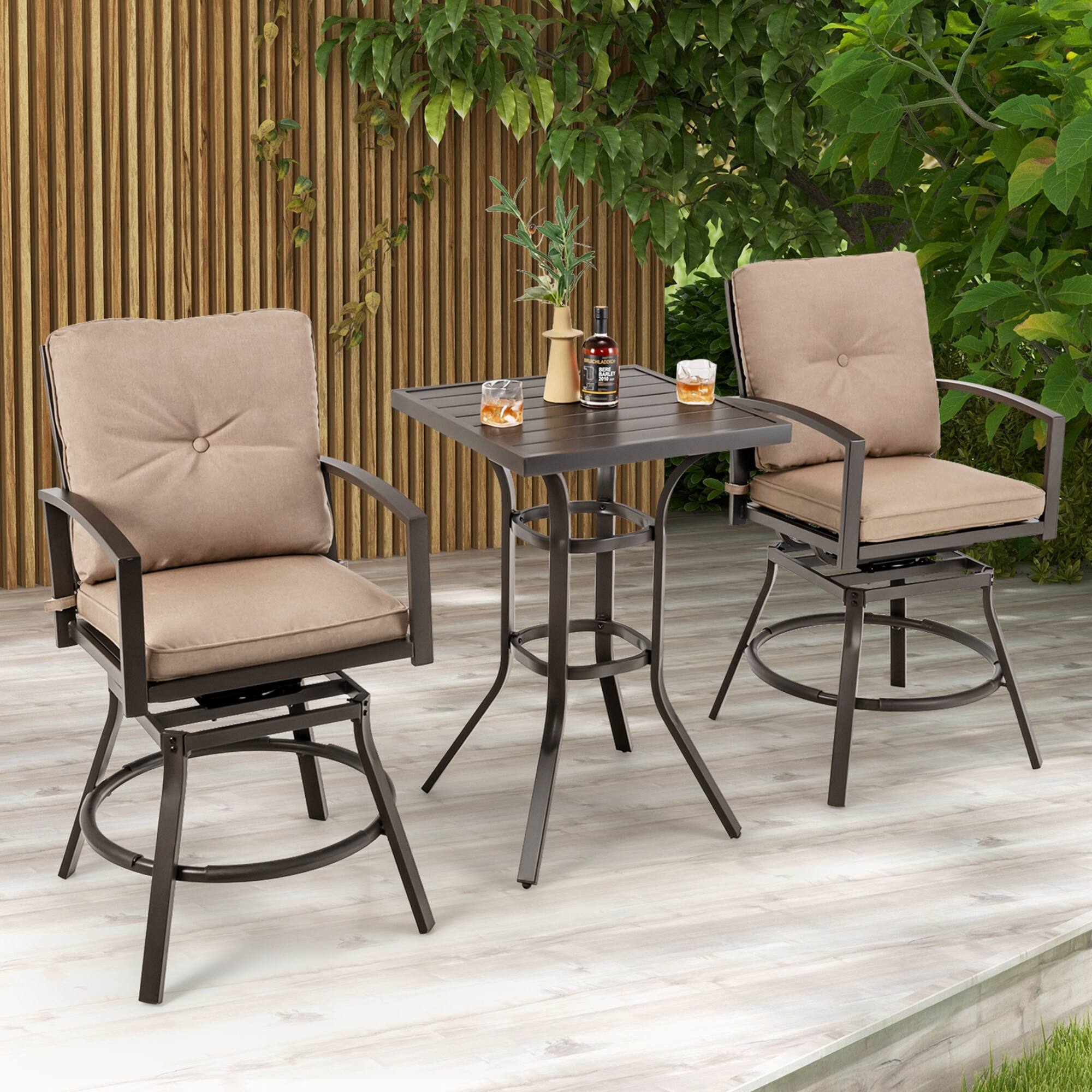 Alt View 3. Costway - Costway Patio 3pcs Swivel Bar Height Bistro Set Cushioned Table Stools Furniture Outdoor - Grey,Beige.