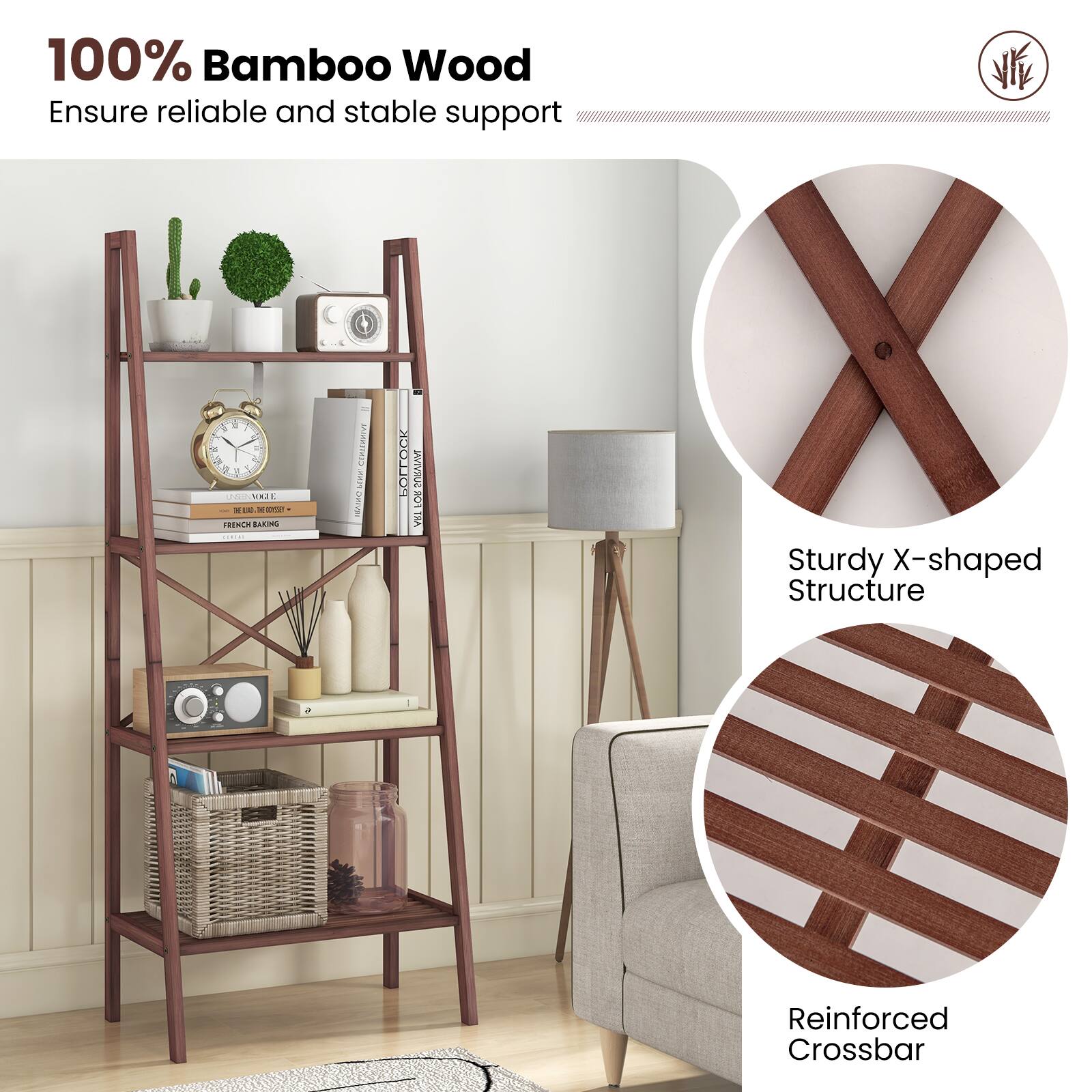 100% Bamboo Wood  
Ensure reliable and stable support  

Sturdy X-shaped Structure  
Reinforced Crossbar