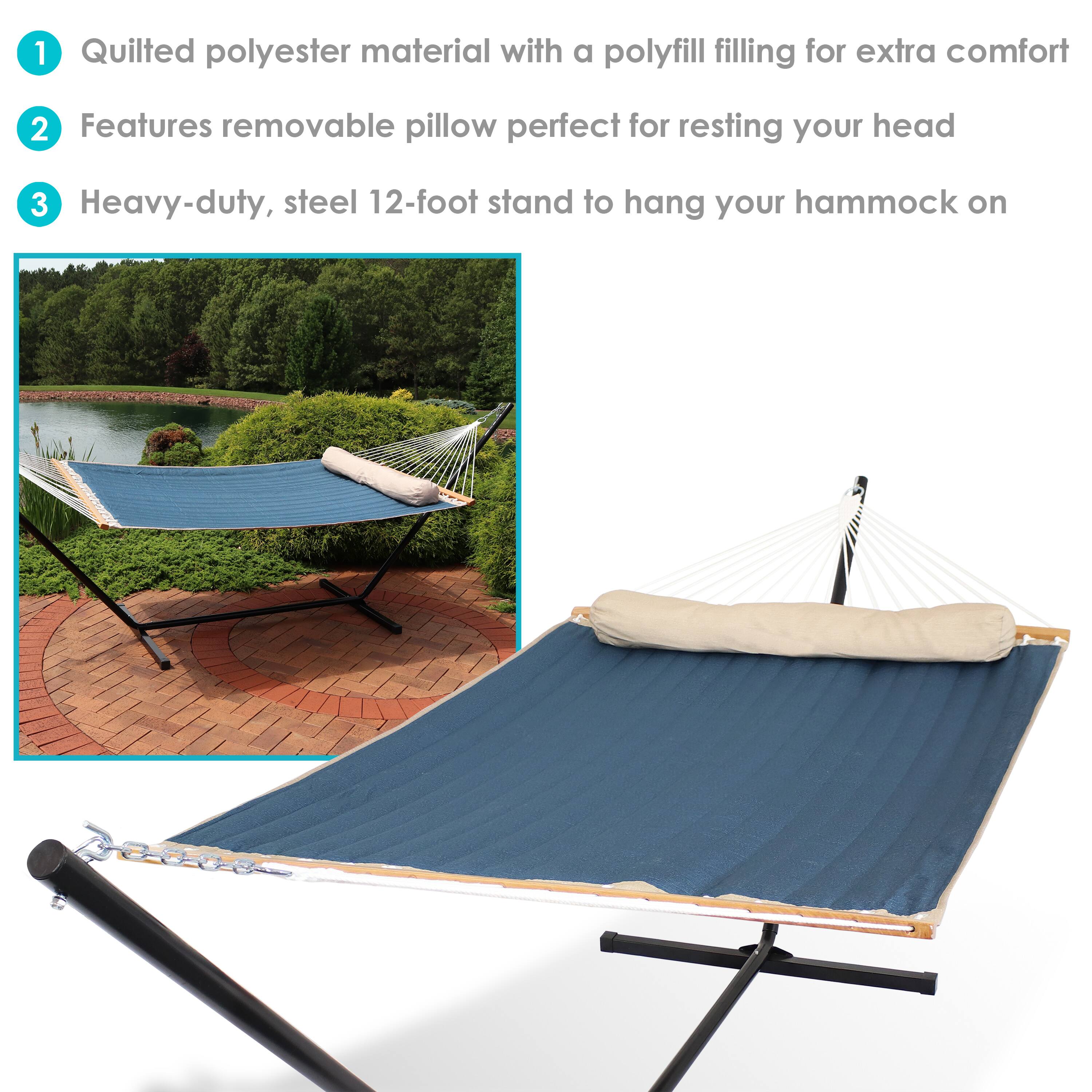 1. Quilted polyester material with a polyfill filling for extra comfort  
2. Features removable pillow perfect for resting your head  
3. Heavy-duty, steel 12-foot stand to hang your hammock on