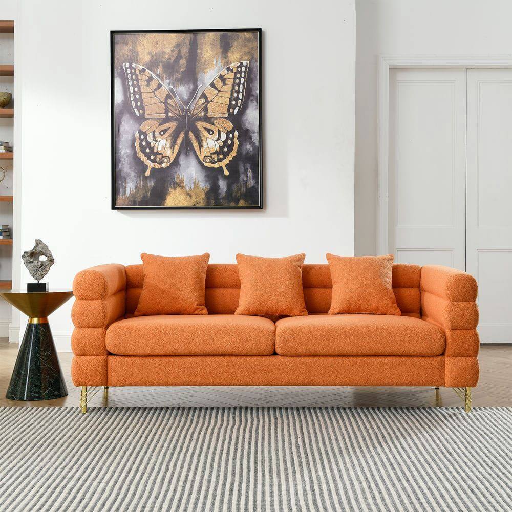 Back. Kadyn - 81" 3-Seater Sectional Sofa, Plush Teddy Fabric with Deep Comfort and 3 Included Pillows, Orange - Orange.
