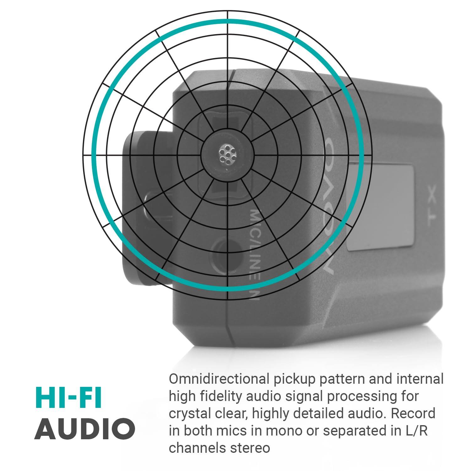 **HI-FI AUDIO**

Omnidirectional pickup pattern and internal high fidelity audio signal processing for crystal clear, highly detailed audio. Record in both mics in mono or separated in L/R channels stereo.