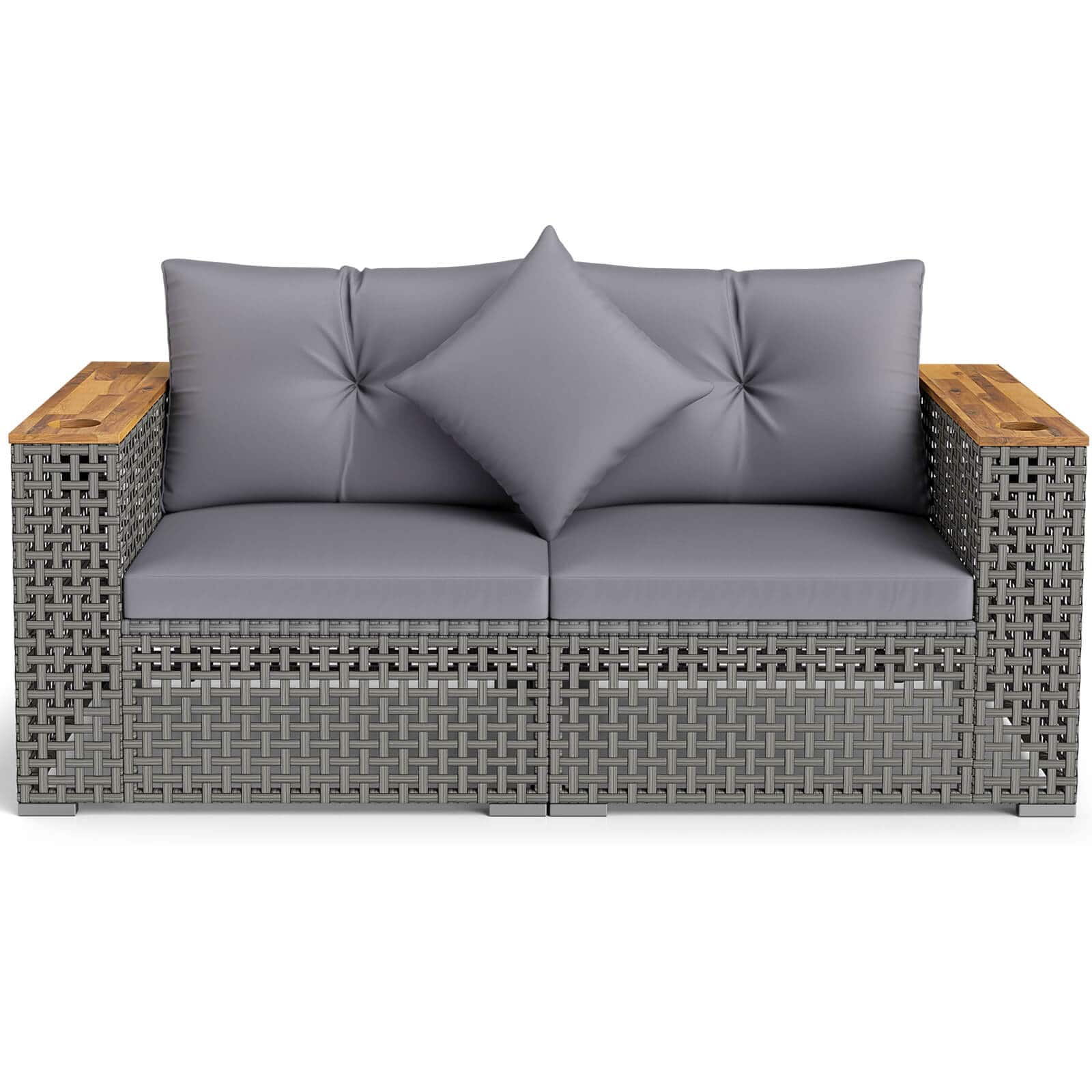 Costway - 2 PCS Patio Corner Sofa Set with Thick Cushions Wide Acacia Wood Armrests for Garden - Gray + Gray