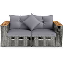Costway - 2 PCS Patio Corner Sofa Set with Thick Cushions Wide Acacia Wood Armrests for Garden - Gray + Gray