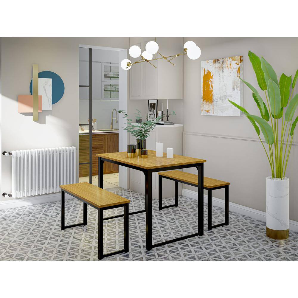 Alt View 3. East West Furniture - Parmer 3 Pc Kitchen Set - 1 Modern Dining Table and 2 Mid Century Benches in Powder Coating Black Color and Brown Wood - Brown.