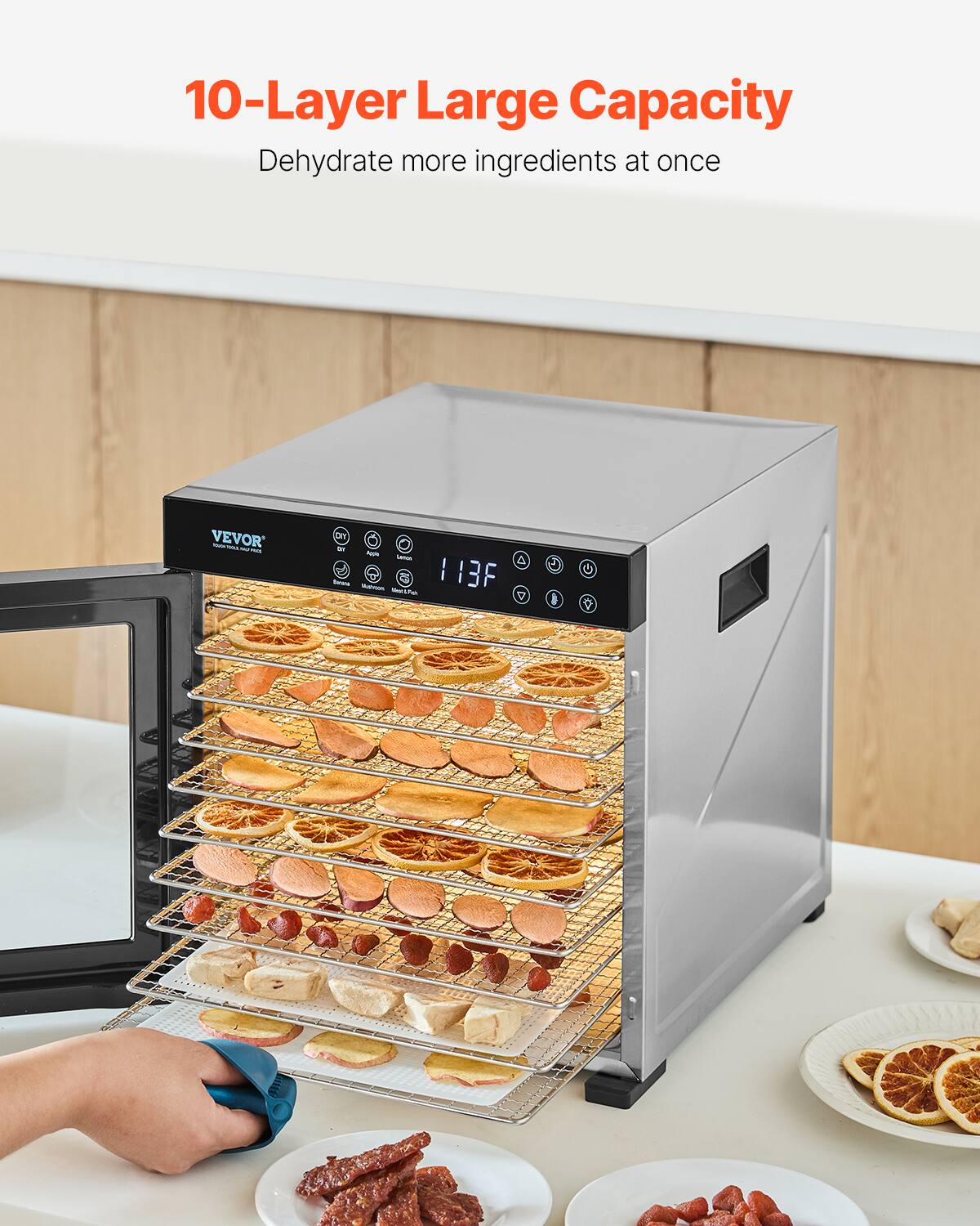 10-Layer Large Capacity  
Dehydrate more ingredients at once