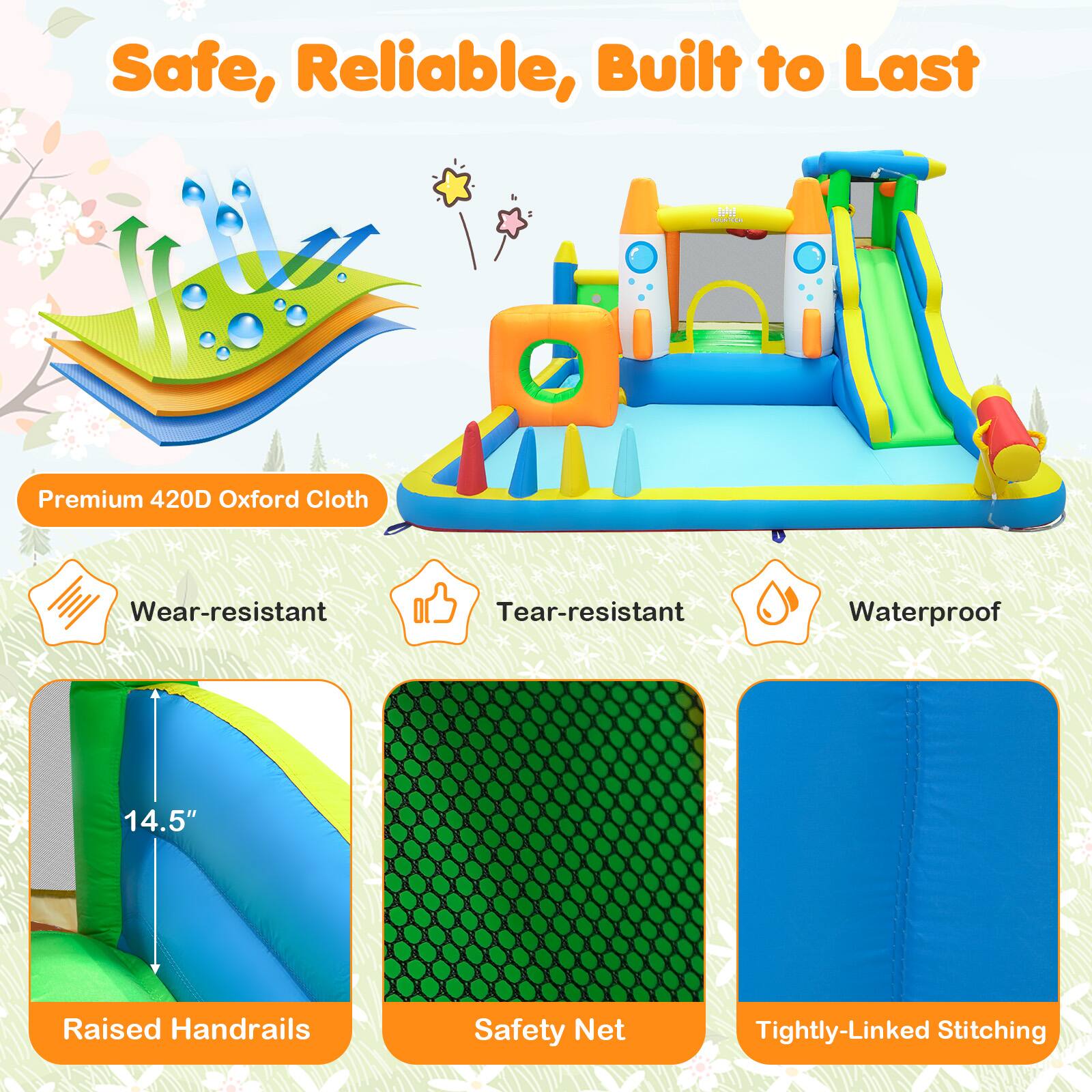 Safe, Reliable, Built to Last

Premium 420D Oxford Cloth

Wear-resistant
Tear-resistant
Waterproof

14.5" Raised Handrails
Safety Net
Tightly-Linked Stitching