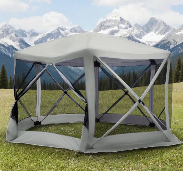 Front. Tiramisubest - 6-Sided Hexagon Pop Up Party Tent Gazebo with Mesh Walls, 12' x 12', Beige - Beige.