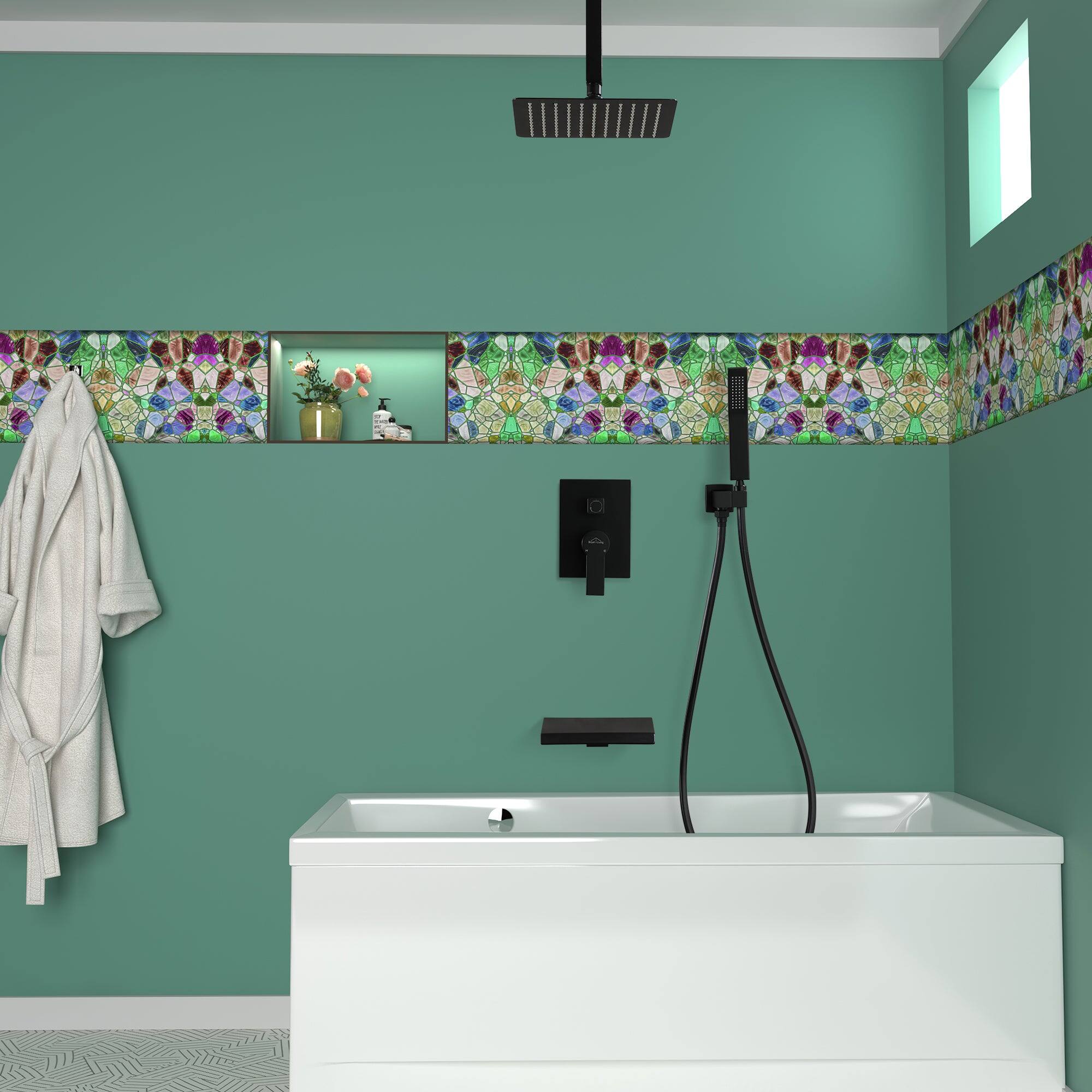 Back. Boyel Living - Ceiling Mount Single-Handle 1-Spray Tub and Shower Faucet in Matte Black - 10 Inch (Valve Included) - Matte Black.